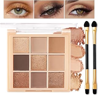 Matt & Shimmering Nude-Brown Eyeshadow Palette, 9 Blendable Waterproof Shades, Highly Pigmented, Long-Lasting Eye Shadow Makeup, Ideal for Smokey & Everyday Neutral Look with Brushes