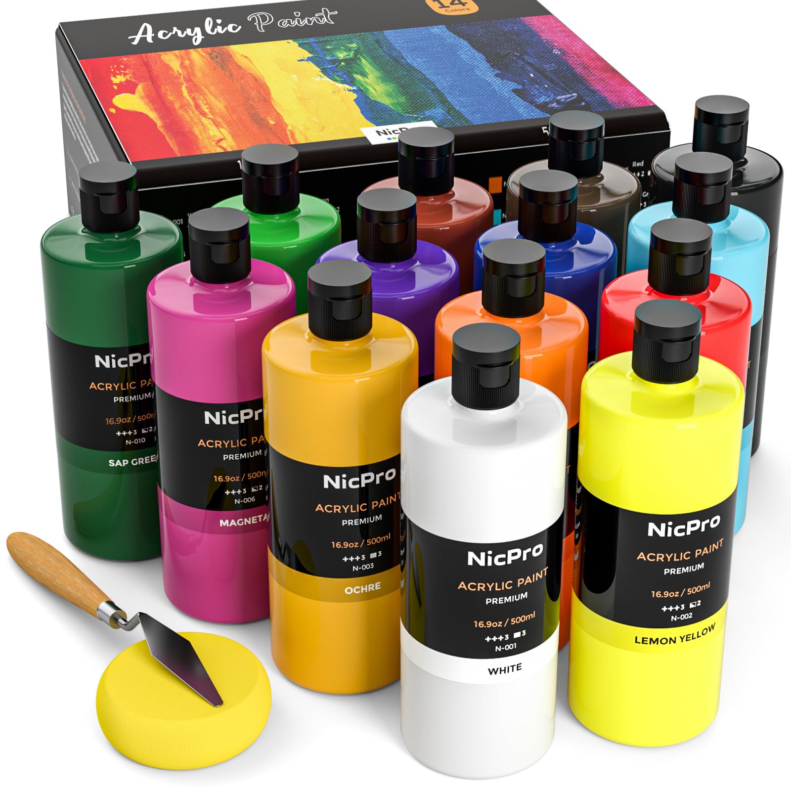 Nicpro lot peinture acrylique 14 x 500 ml, peinture acrylique gros tube en 14 couleurs, couleurs de peinture riches, acrylique non toxique pour de nombreuses surfaces, pour adultes Débutant