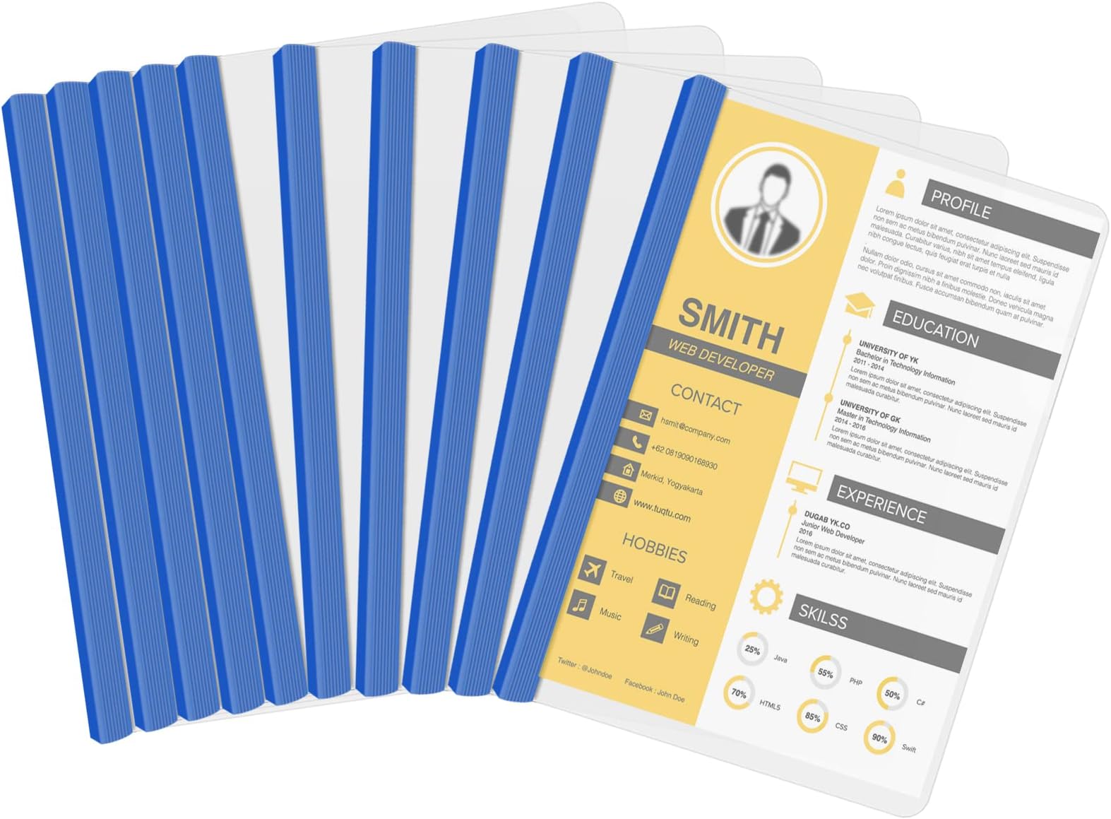 Fangehong 10pcs Clear Report Covers, Slide Binder File Folder, Plastic Transparent File Cover, A4 doucument Cover with U Type Sliding Bar for Office File Organizer .Hold Up to 40 Sheets Projects(Blue)