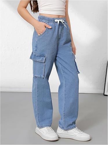 WDIRARA Girl's Elastic Waist Cargo Denim Pants Jeans with Pockets(Medium Blue,10 Years)