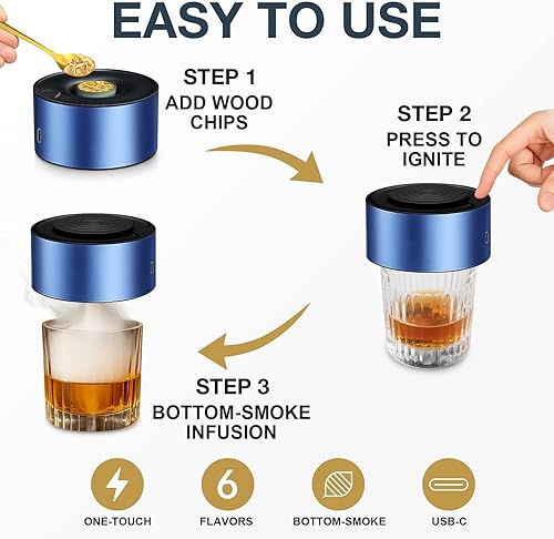 Miniatura 6 de Kit de ahumador eléctrico de whisky, ahumador de cóctel recargable con encendedor integrado, 6 chips de madera, carga USB, ahumador de bebidas y