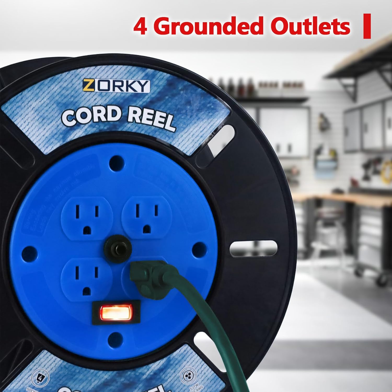Extension Cord Storage Reel, Retractable Heavy Duty Open Cord Reel for 12/3,14/3,16/3 Gauge Extension Cord, Portable Empty Hand Wind Power Cord Roller Holder with 4-Grounded Outlets