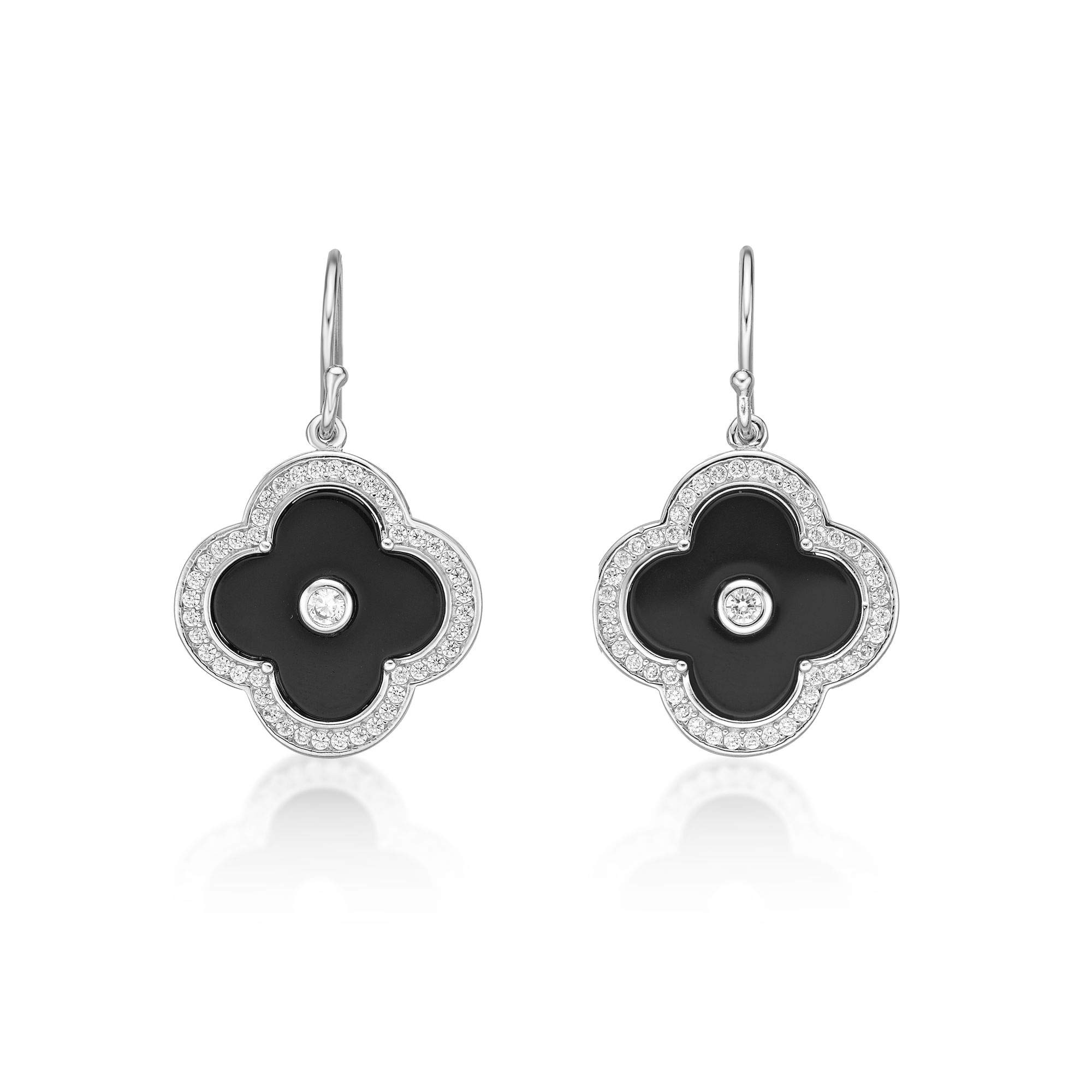 Lavari JewelersFlower Dangle Earrings for Women - Black Onyx Green Malachite or Mother of Pearl & Cubic Zirconia in 925 Sterling Silver - Hypoallergenic Gold Plated - Fish Hook Clover Drop Earrings