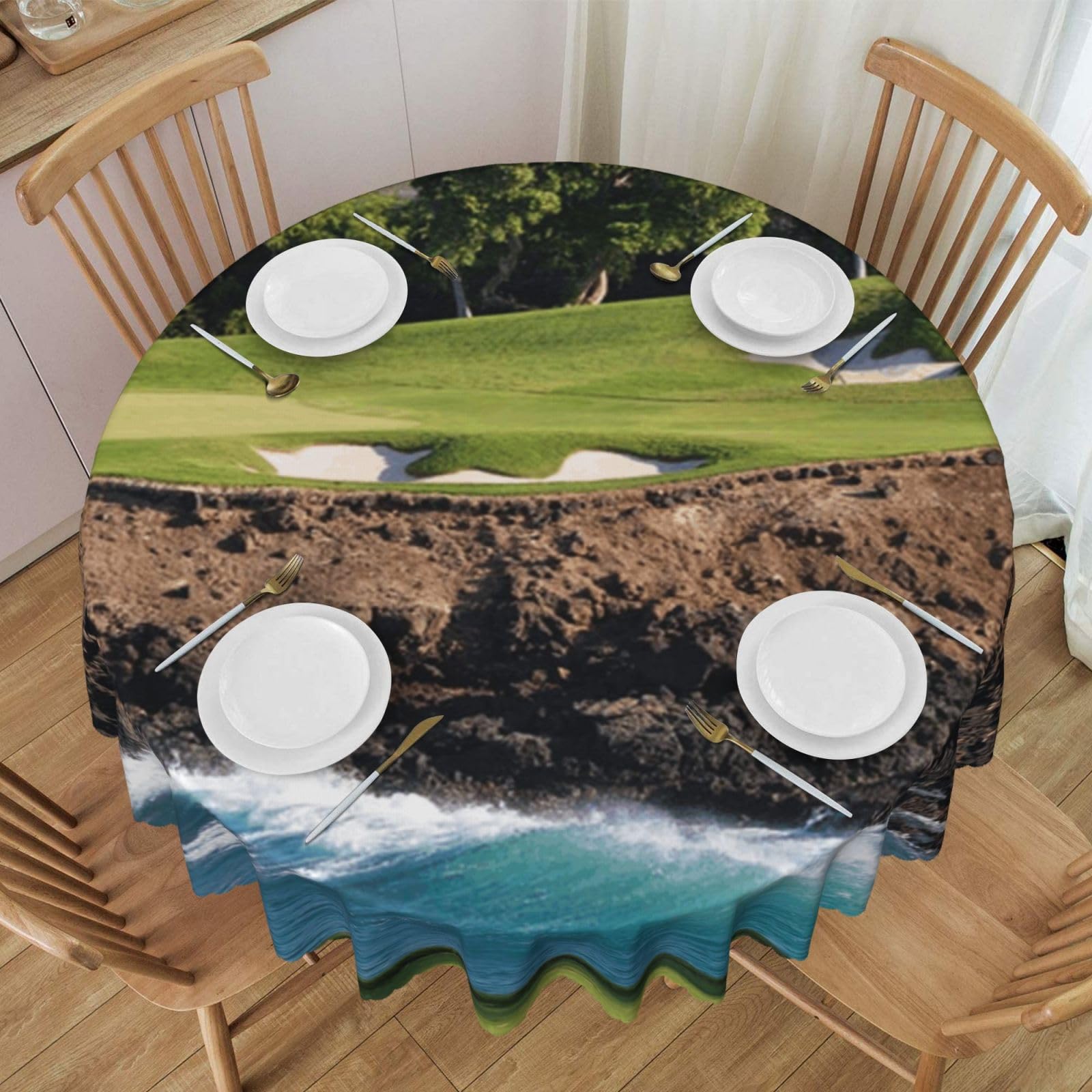 DCEHGEW 60 In Round Tablecloth with Lace, Hawaii Beach Golf Course Printed Oilproof & Washable Fabric Picnic Table Cloth Table Covers