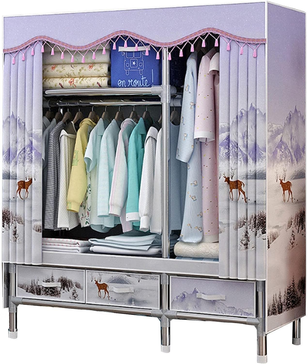 Armario De Lona,Estantes Grandes De Tela con Barra para Colgar Ropa,Armario De Ropa Plegable para Dormitorio,D-120x45x168cm