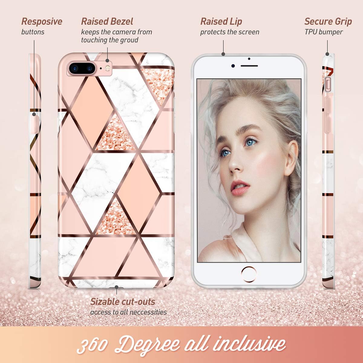 DOUJIAZ Compatible with Bling Glitter Sparkle Marble Design Clear Bumper Glossy TPU Soft Rubber Silicone Cover Phone Case for iPhone 7 Plus / 8 Plus /6 Plus 6s Plus(Gold Brown Grid)