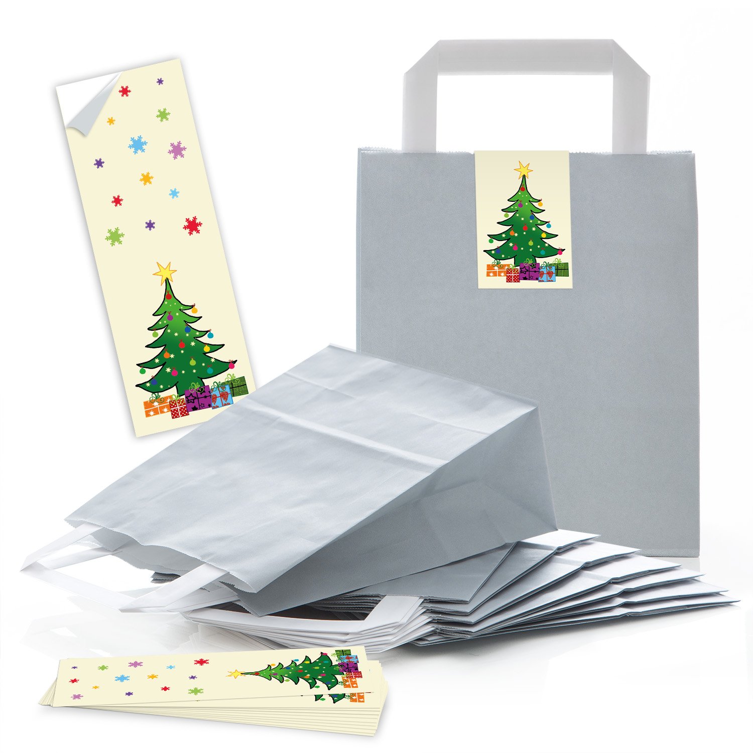100 małych, jasnoszarych torebek papierowych na Boże Narodzenie, torebki prezentowe, 18 x 8 x 22 cm, torebki papierowe + naklejki bożonarodzeniowe Christmas Czerwone zielone żółte opakowanie Boże Narodzenie