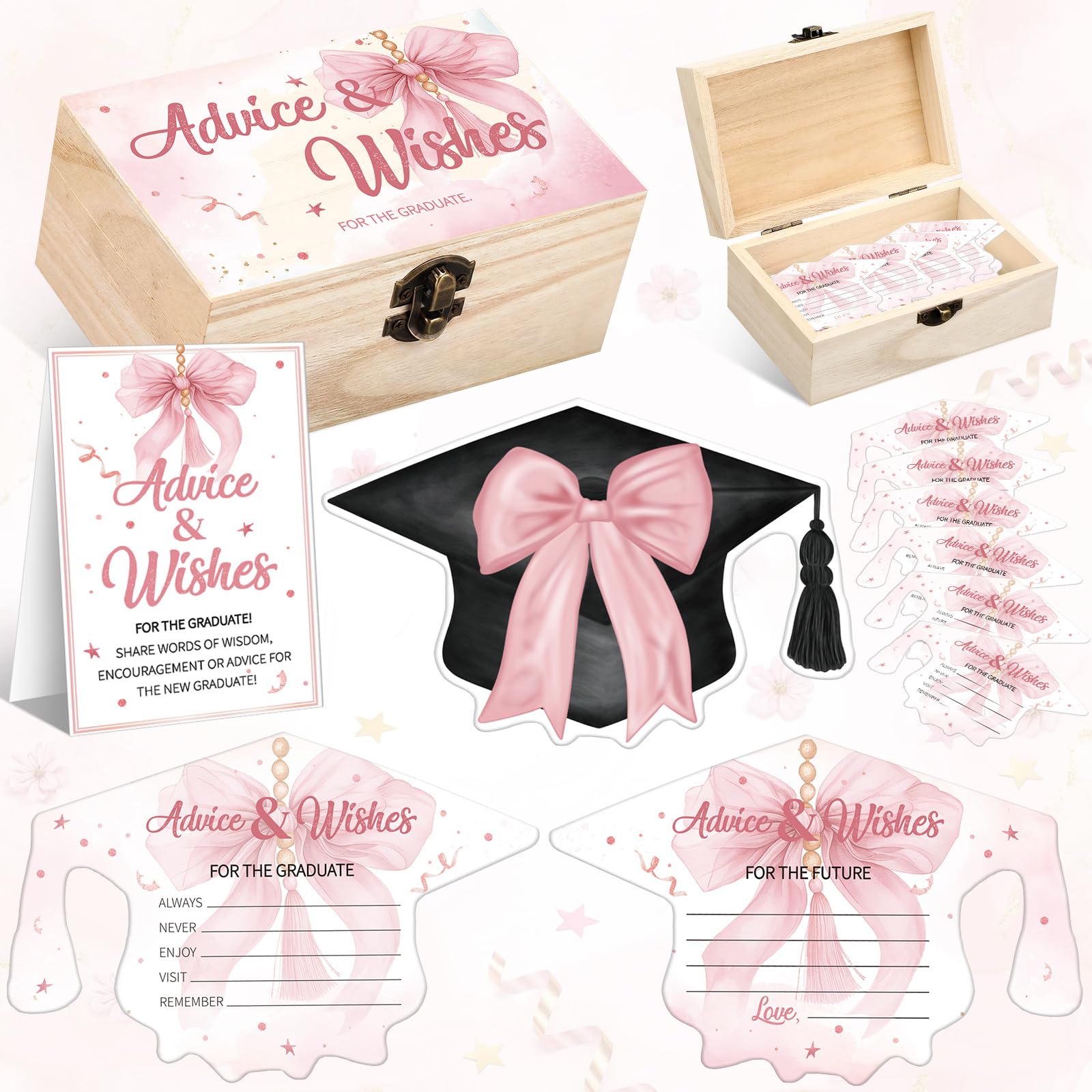 Photo 1 of Tinlade Pink Bow Graduation Advice and Wishes Cards for 2026 Graduation Decorations Box with 50 Pcs Advice Cards for College, High School, University Grad Party Favors