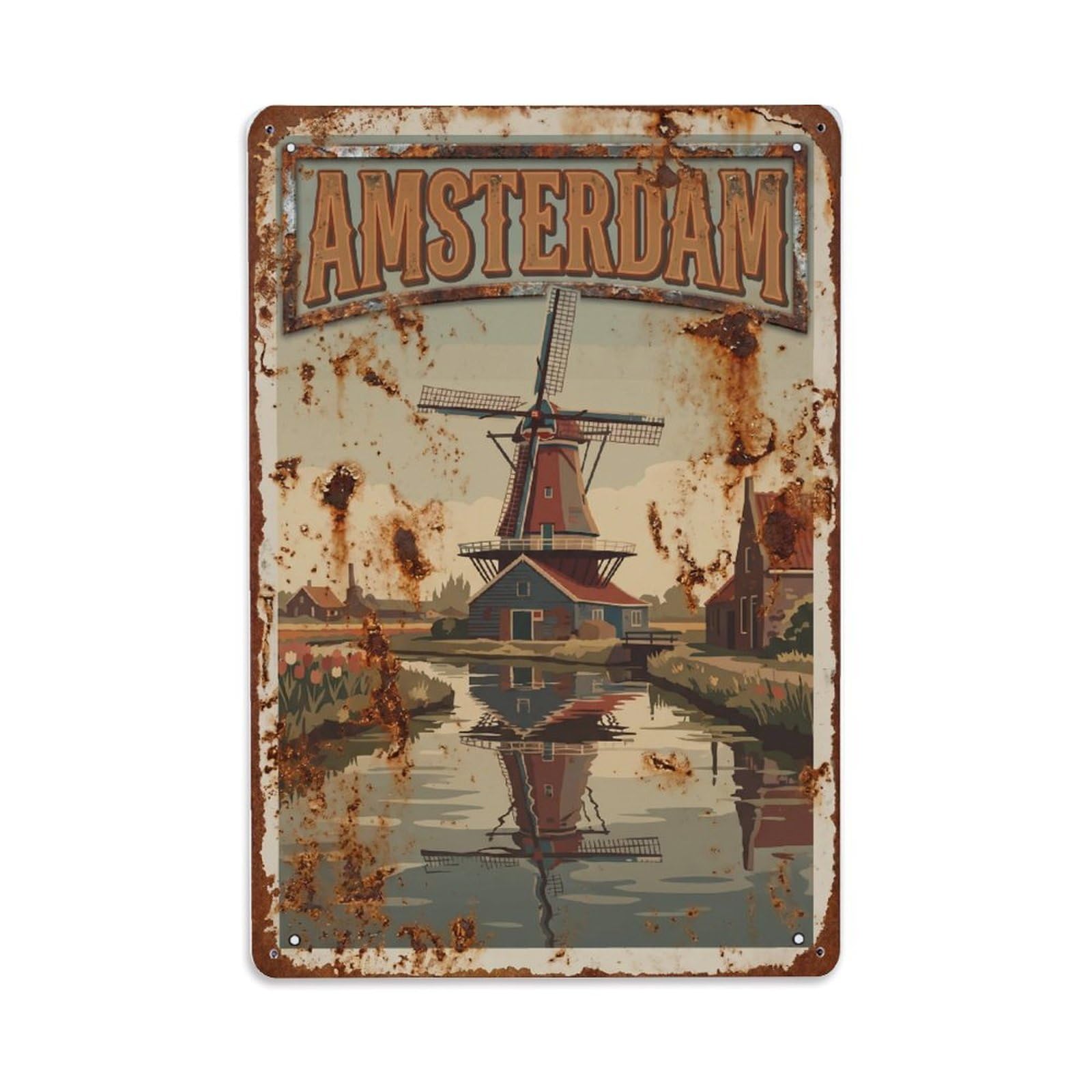 Vintage Travel Windmill Netherlands Historic Metal Tin Sign Plaque Wall Decor for Cafe, Club Bar, Office, Home Garden Metal Poster 8x12Inch