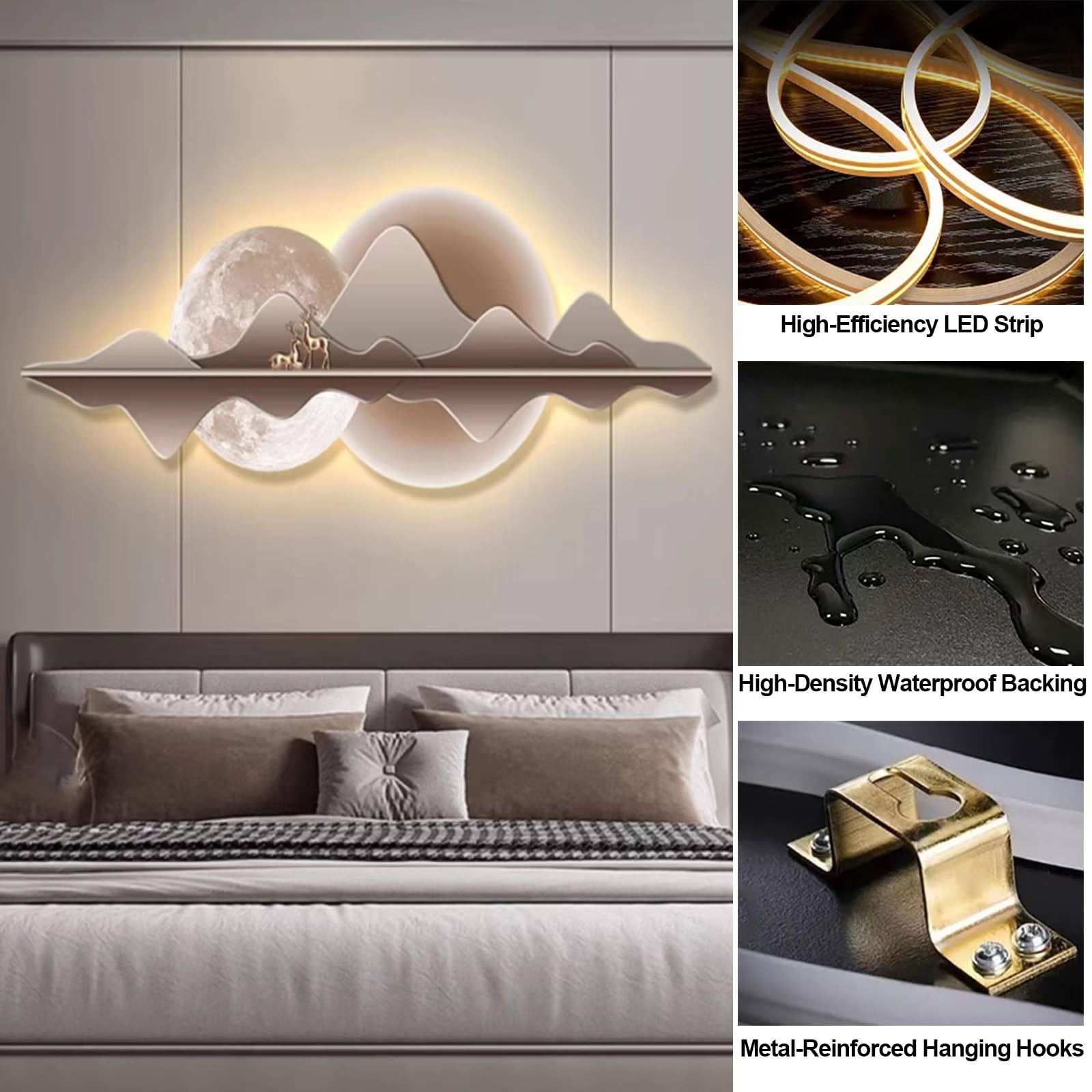 Decorazione da parete a LED, scultura da parete retroilluminata, 3D stereoscopica arte da parete con porcellana di cristallo, striscia ad alta luminosità, per camera da letto e ingresso