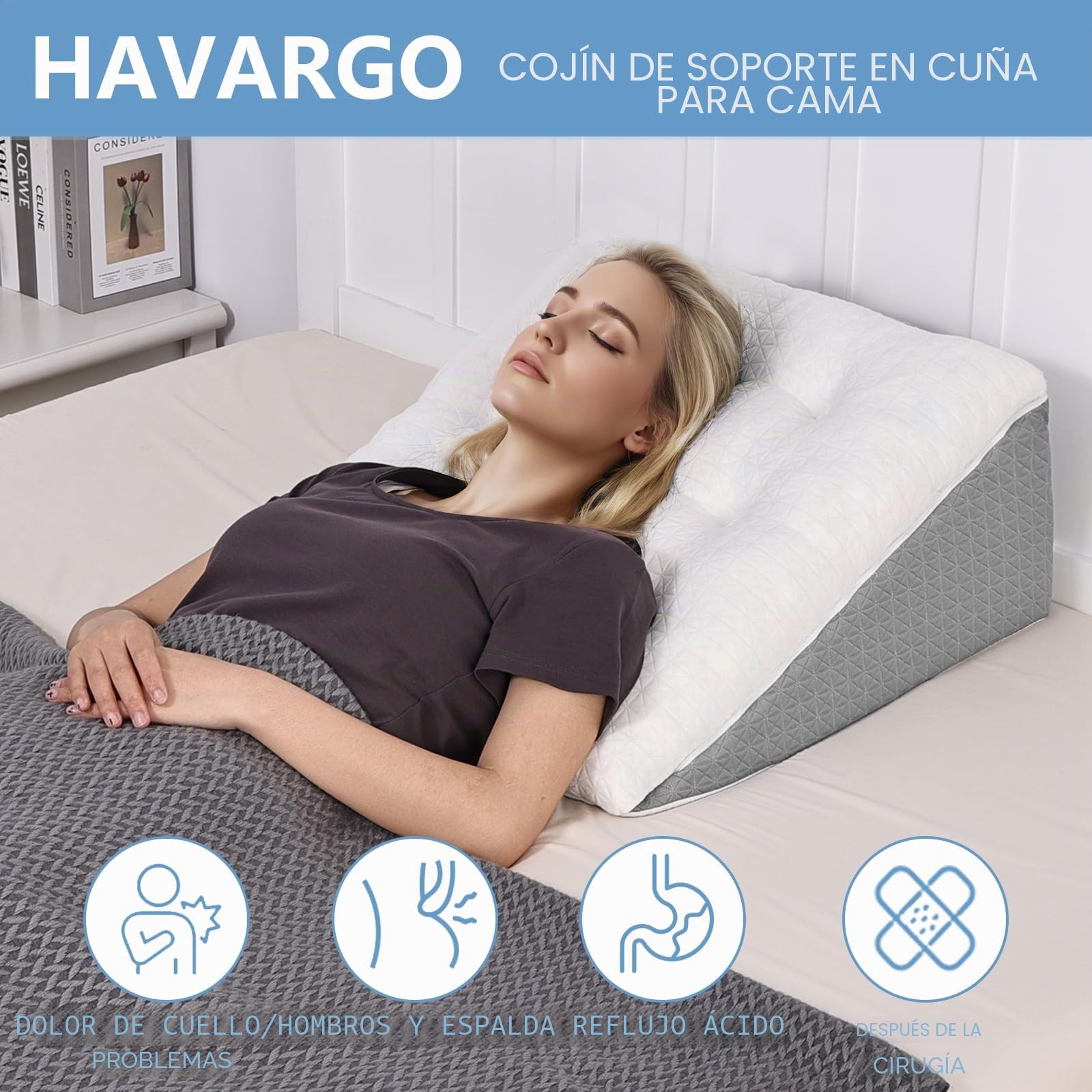 Cojín cuña para cama y sofá - Doble capa de espuma viscoelástica para leer - Cojín ortopédico para la cama para reflujo y apnea del sueño, cojín para la espalda perfecto para el apoyo de la