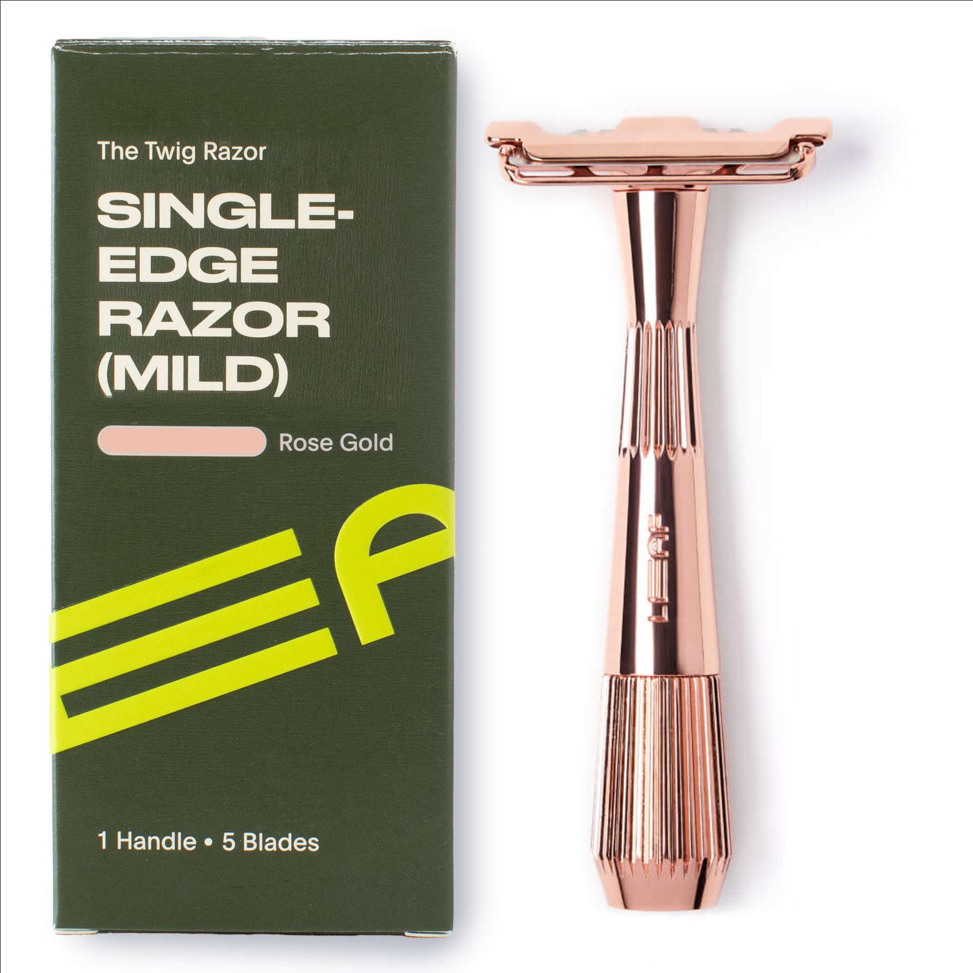 Leaf Twig Razor by Leaf Shave, All-Metal Single Blade Razor for Men & Women, Fixed Head w/Magnetic Load Assist, Includes 5 Stainless Steel Blades - Face Shaving Lighter Hair Sensitive Skin -Rose Gold