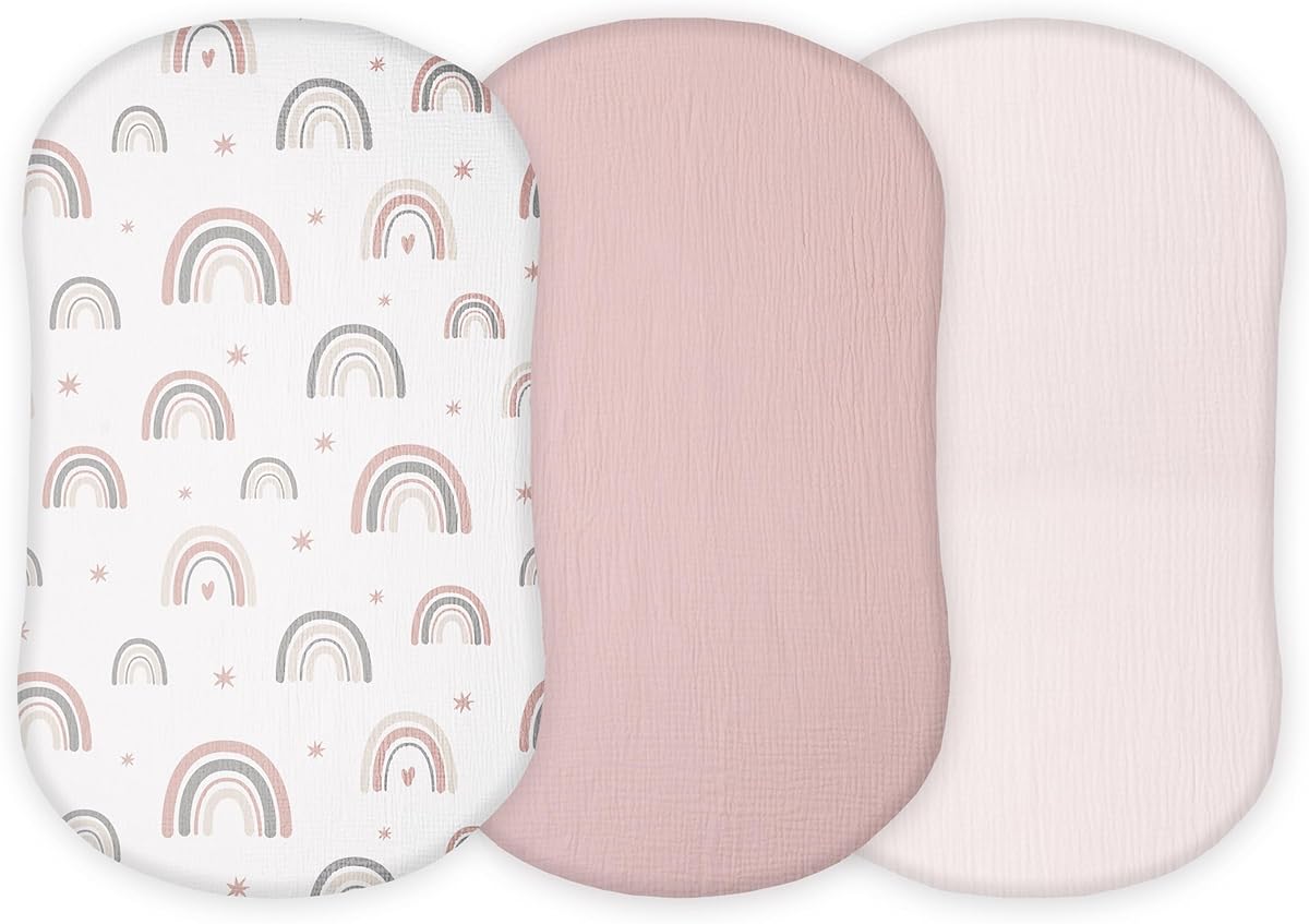TansyPanda Muslin Halo Bassinet Sheets for BassiNest Luxe Swivel, Soothing, Swivel, Lite, Essential Sleeper, 3 Pack, 33 X 17 Inch, Ultra Soft, Snug Fit, Unisex Boys Girls, Gray White (Pink)