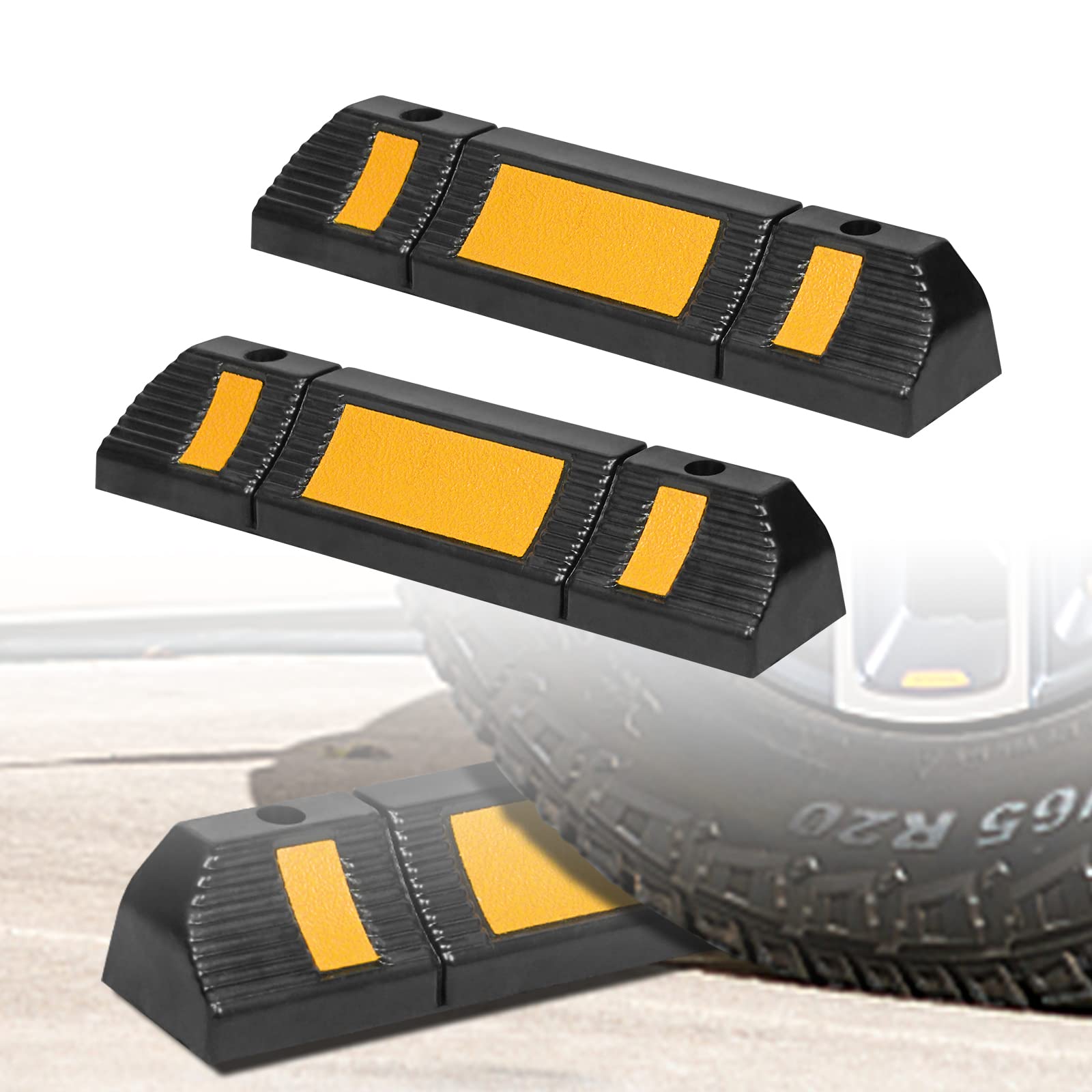 ACXIN 2 Pezzi Fermaruota in Gomma, Limitatore di Parcheggio, Blocco Ruota in Gomma, Stopper per Garage con Strisce Rifrangenti, per Aiuto al Parcheggio in Garage, 60x12x10cm