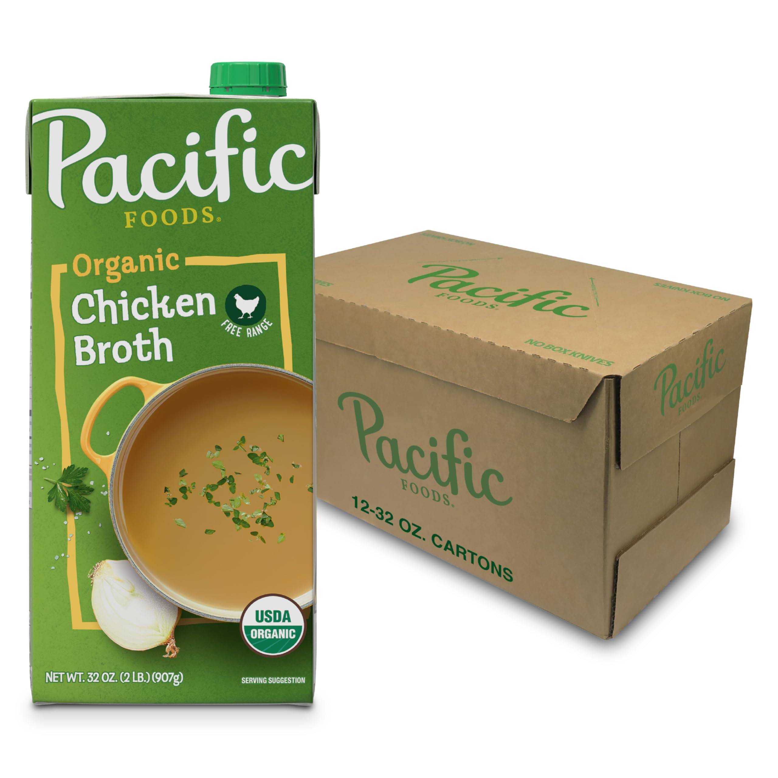 Pacific Foods Organic Free Range Chicken Broth, 32 oz Carton (Case of 12)