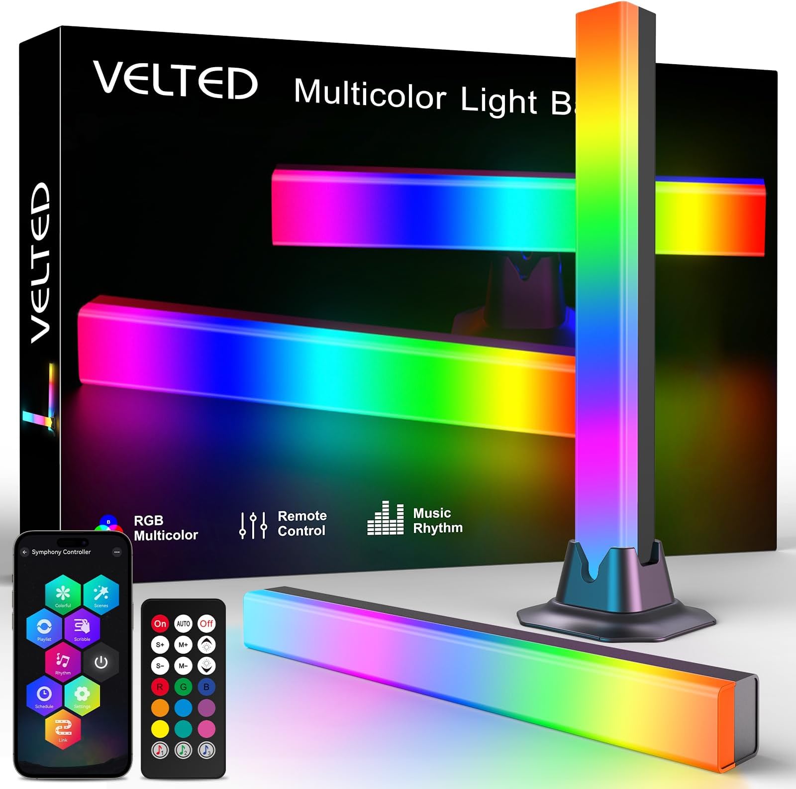 velted RGB Light Bar, Smart Music Sync RGB IC LED Lights Bars, USB Powered Ambient Lighting, Remote Control Color Changing Gaming TV Backlight, for PC Room Monitor Desk