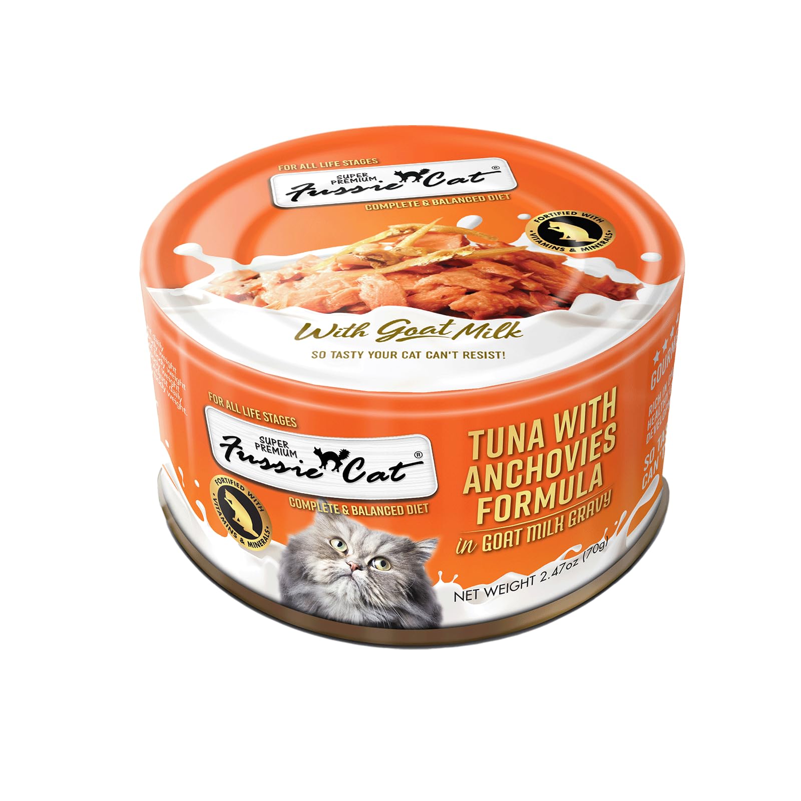 Fussie Cat Premium Canned Wet Cat Food in Goat Milk Gravy - 2.47 oz Cans - Case of 24 Cans (Tuna & Anchovies)