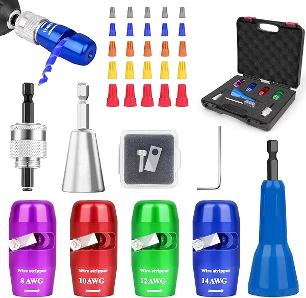 Wire Stripper for Drill, 8/10/12/14 AWG Wire Stripping Tool & Wire Nut Twitser Set, 6 In 1 Quickly Electric Tools for Drill Wire Stripping, Electrician Wire Twisting Connector Wire Stripping Tool Set