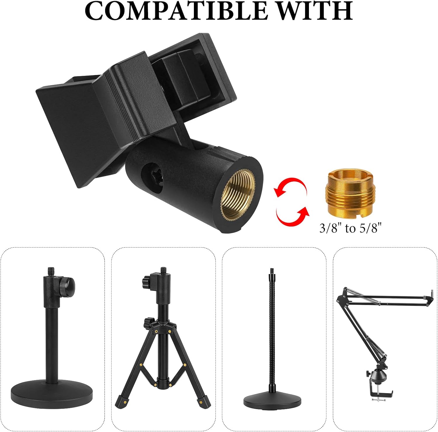 Geekria Universal Microphone Clip Holder with 5/8 to 3/8 Adapter, Adjustable Mic Clamp for SM57 SM58, Boom Arm, Table Stand (Black, 2-Pack) image 3