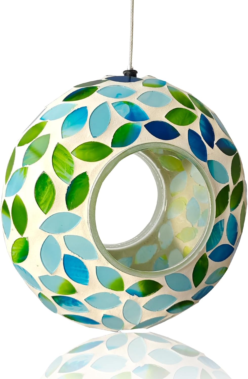 Bird Feeder Mosaic Fly Through Bird Feeder for Outside Hanging with Round Shape Glass Feeders to Attract Wild Birds for Garden, Deck, Yard, Backyard and Porch Decor, 6.8-Inch