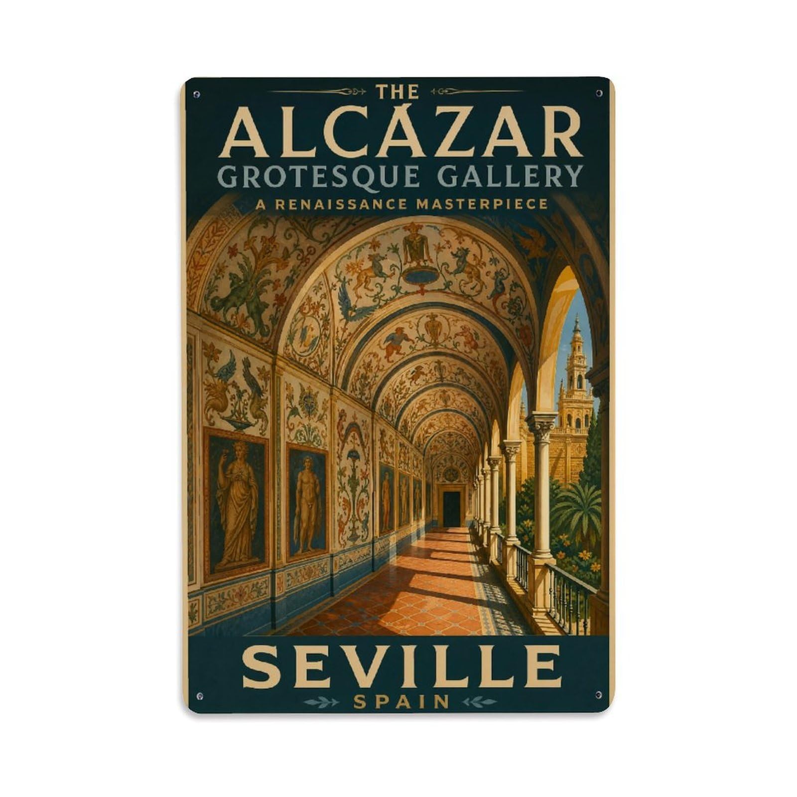 Yrnq 08X12inch Vintage Style Vintage Alcazar Grotesque Gallery Arched Corridor Spain Metal Tin Sign