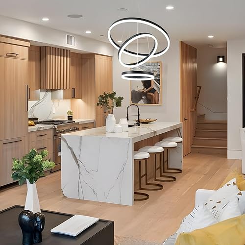 Miniatura 6 de Candelabro LED moderno, lámpara colgante de 3 anillos negra, lámpara colgante regulable y moderna para comedor, iluminación colgante LED