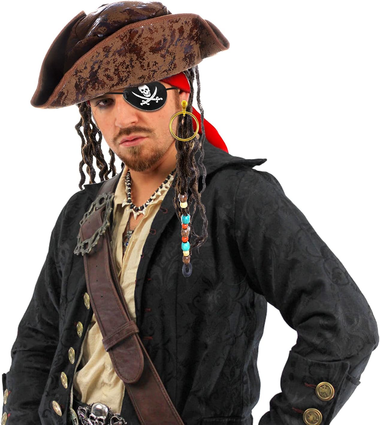 Pirate Hat with Dreadlocks Braids and Costume Accessories Set, Halloween Masquerade Accessory Set of 5 - Image 2