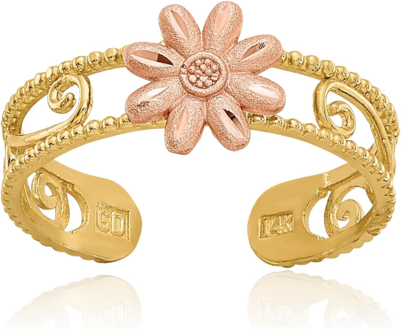 14K Solid Two Tone Gold Filigree Flower Adjustable Toe Ring Diamond cut, Polished for her IceCarats