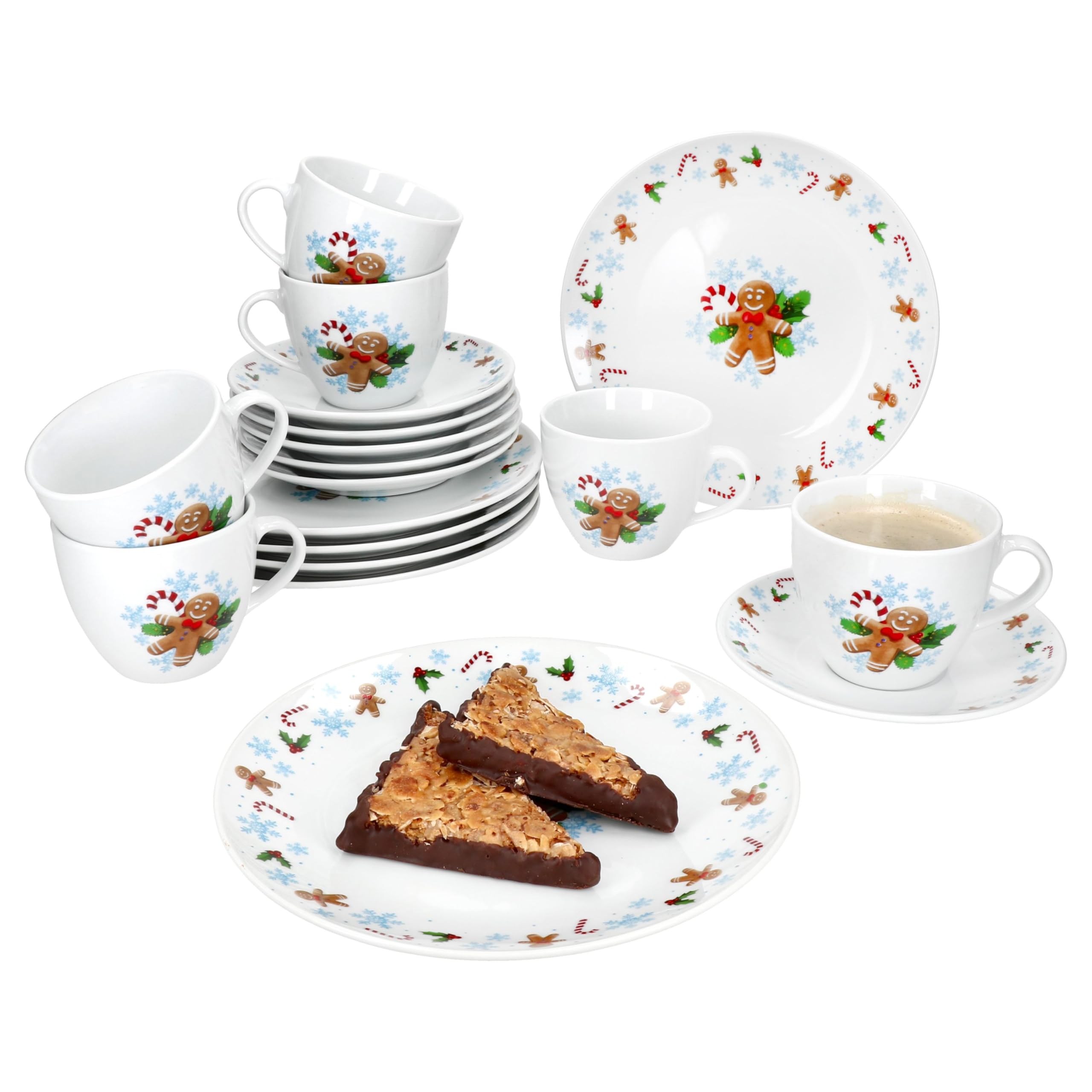 MamboCat Candyman 18tlg Kaffeeservice I Porzellan-Kaffeeset für 6 Personen mit eisblauem Weihnachtsdekor I Je 6X Kaffeetassen 160ml, Untertassen & Kuchenteller
