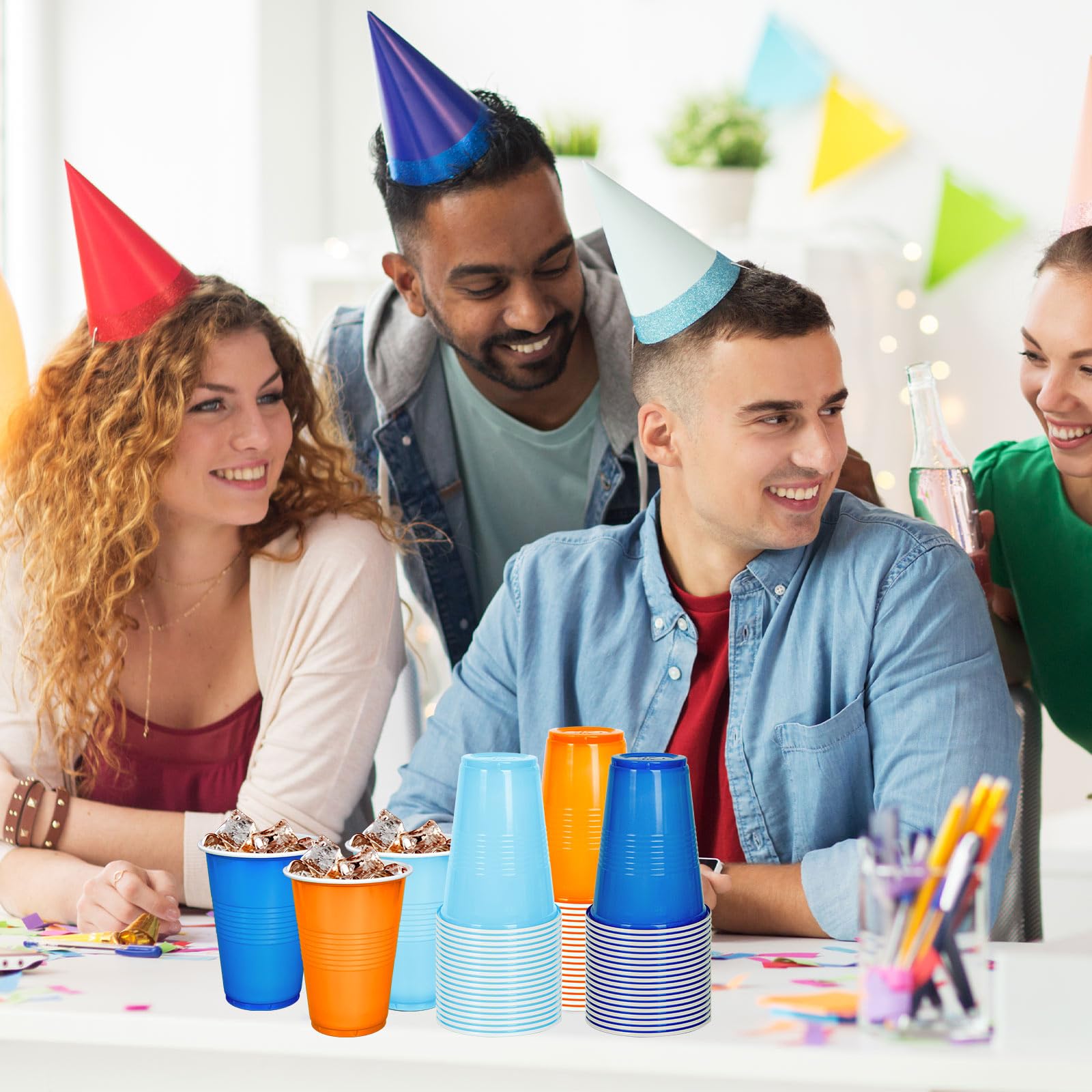 JarThenaAMCS Einweg-Trinkbecher, stapelbar, Partybecher für Welpen, Hunde, Geburtstag, Babyparty, Camping, 473 ml, Orange / Blau, 150 Stück