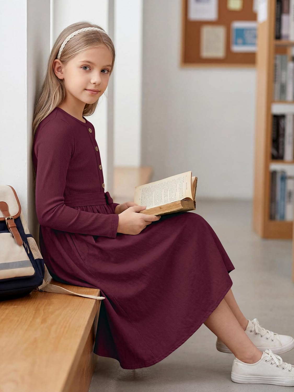Cubear Girls Long Sleeve Fall Midi Dresses Kids Button Front A-Line