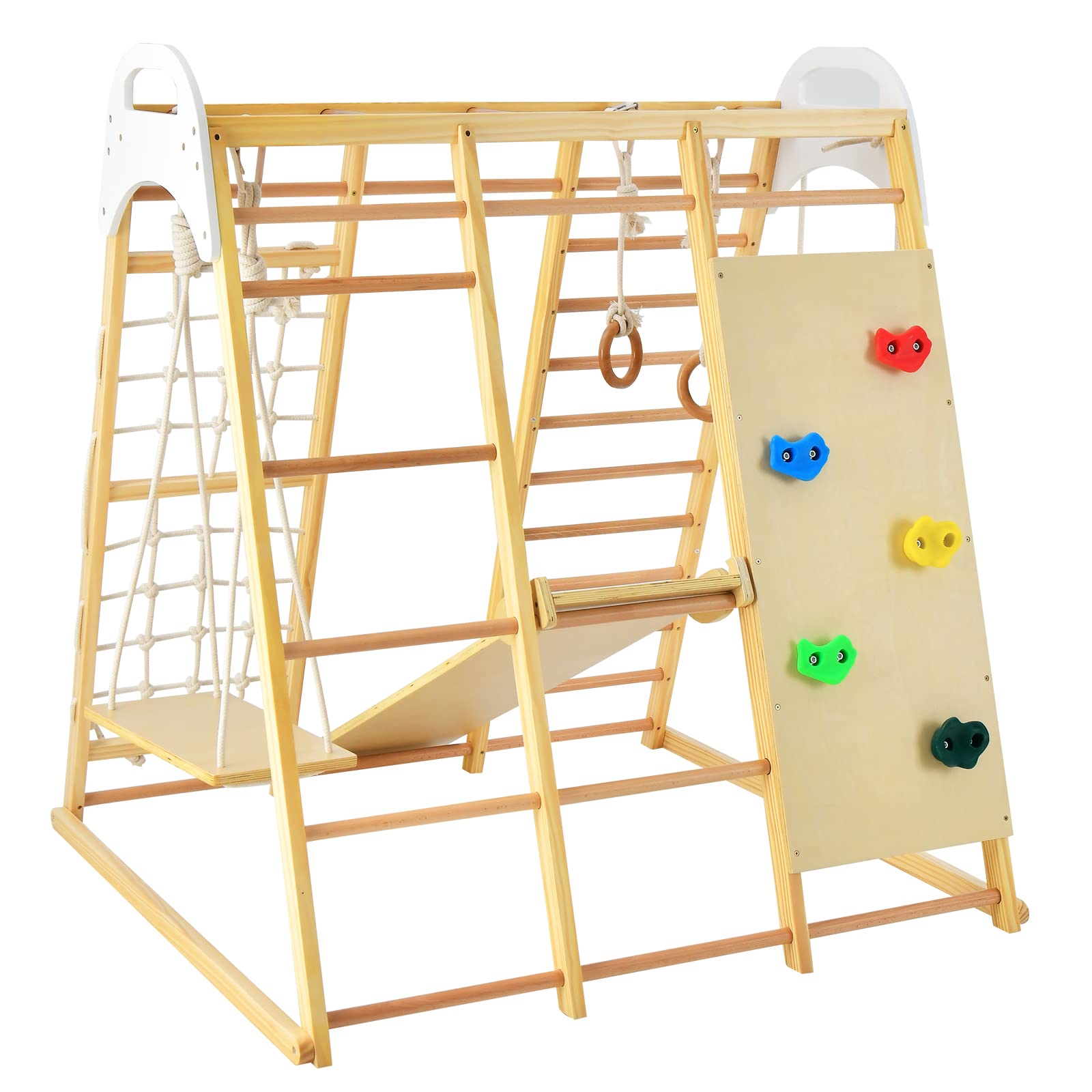 GYMAX 8 in 1 Kids Climbing Set, Indoor Playground Toddler Climber Slide Playset with Swing, Climbing Rock/Net, Monkey Bars and Rope Ladder, Wooden Climbing Toys for 3 Year Olds + (Natural)