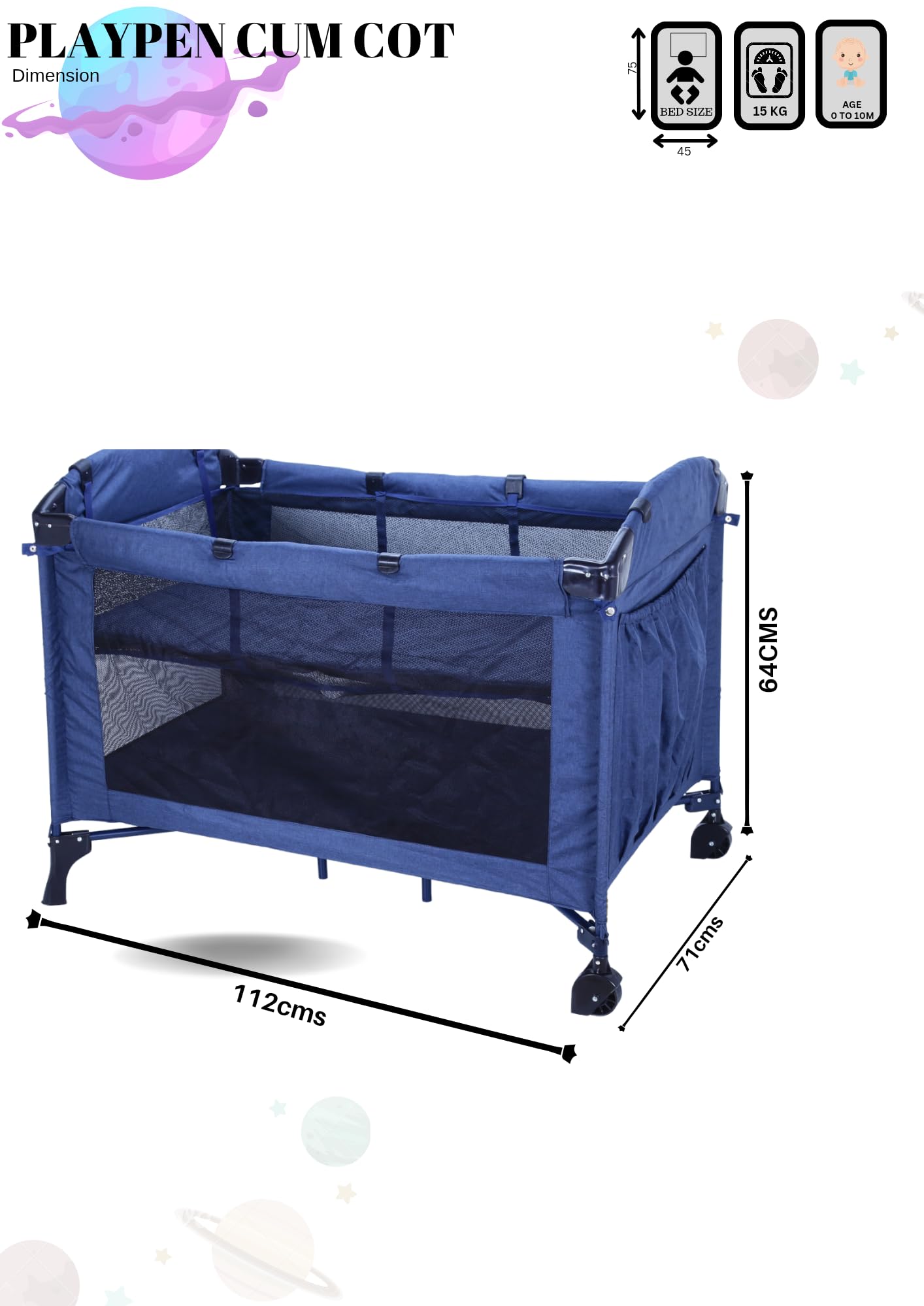 Infanto Playpen Cum Cot | Compact and Highly Portable| with Travel Bag | Easy Fold | 2-in-1 Functionality | Double-Layer Pad | Breathable Mesh-CC48 (Blue) - Image 6 thumbnail