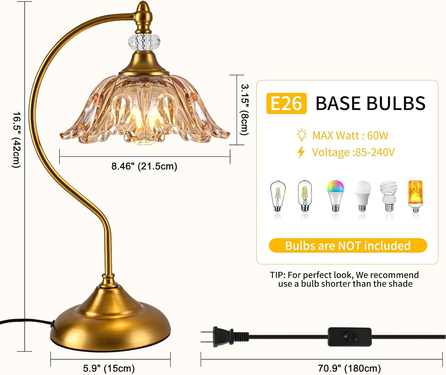 Vintage Table Lamp with a Floral Amber Glass Shade, A Plug-in Nightstand Lamp in Matte Brass Finish for Bedroom, Living Room,Office, and Desk