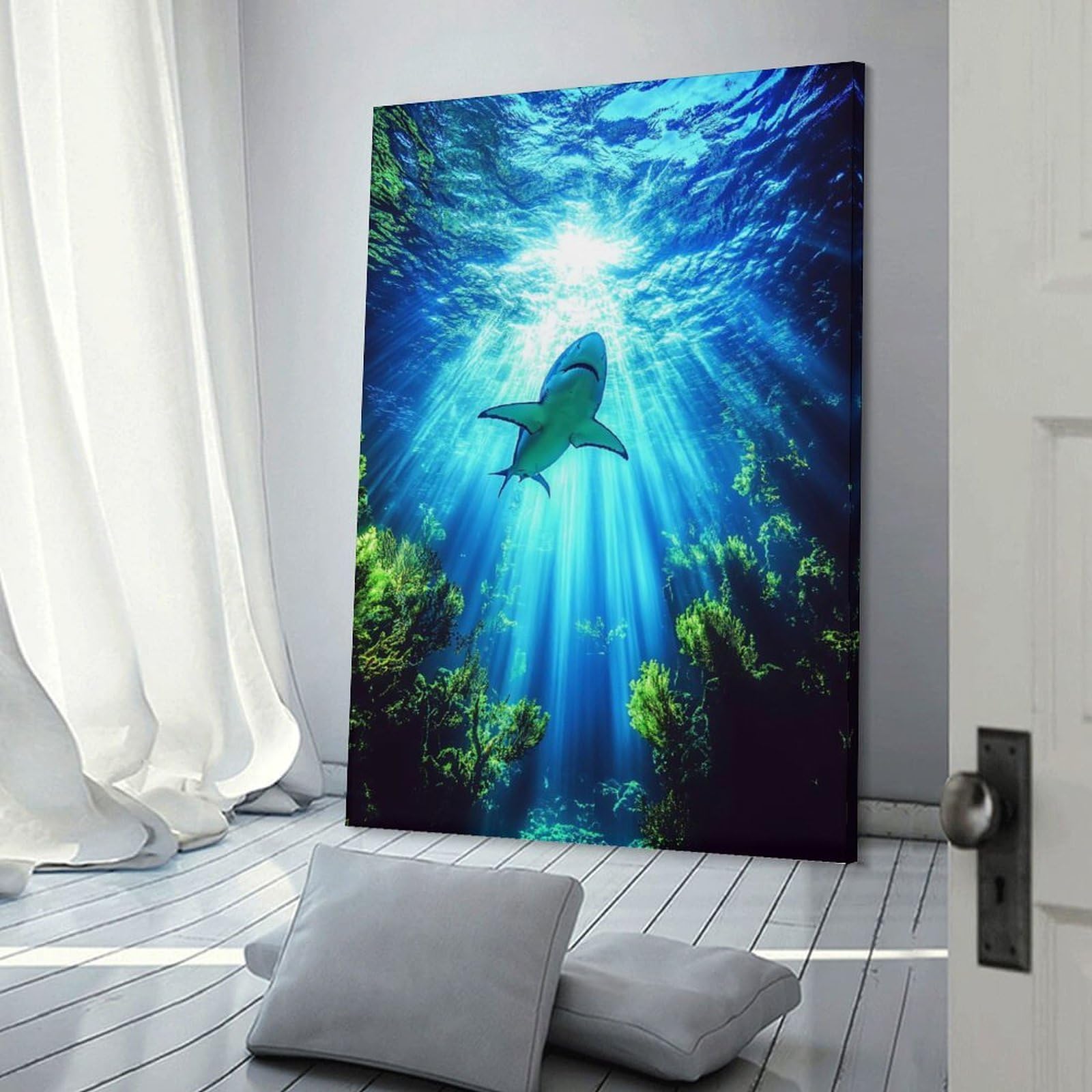 Junmoney Shark Swimming in Sunlit Ocean Depths Canvas Art Print 24x36inch(60x90cm), for Art Walls, Layered Displays Or Homes, Decorative Artwork with Flexible Styling