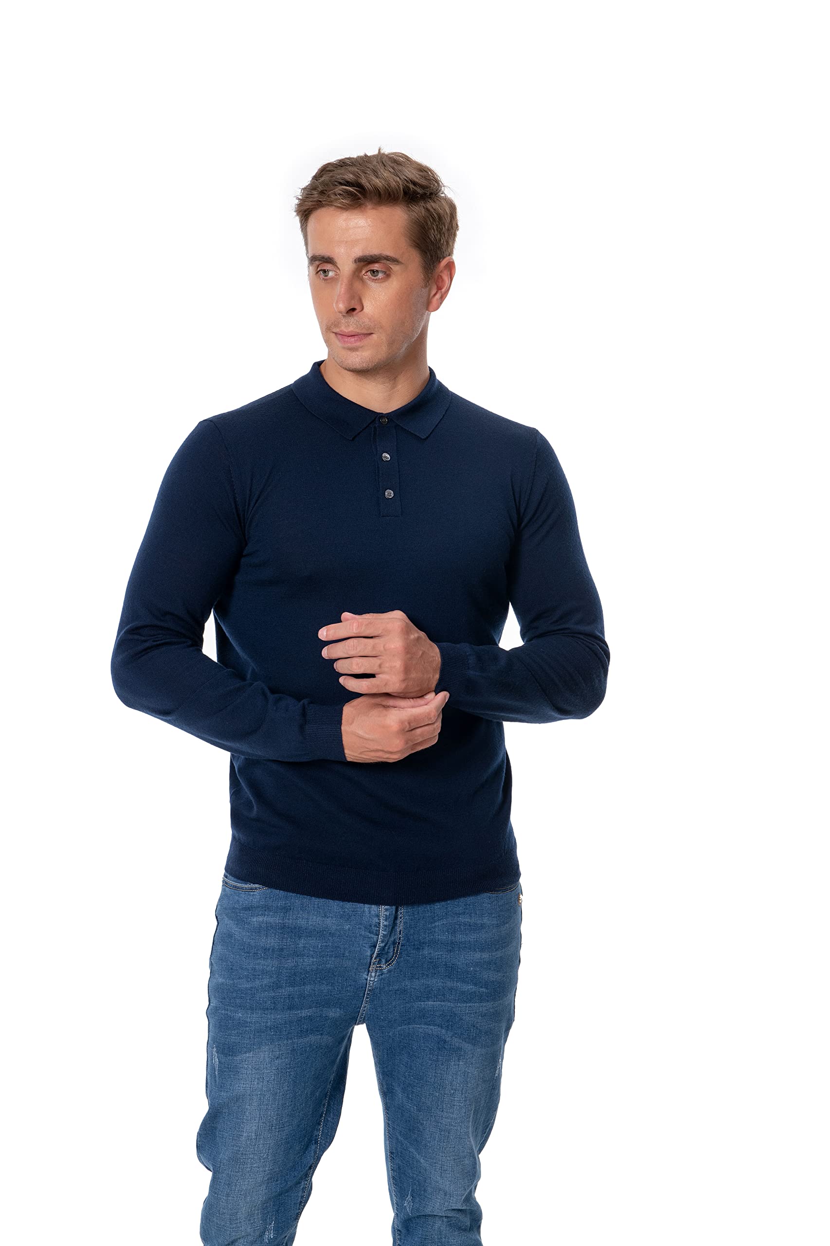 Wosica Men's Navy 100% Extrafine Merino Wool Long Sleeve Polo ( L)