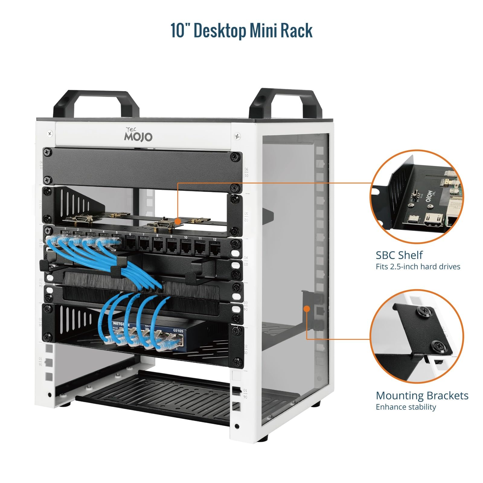 Tecmojo 10-Zoll Desktop-Mini-Rack, 6HE, 200 mm Tief, Netzwerk-Schrank mit SBC-Einschub, Micro-HDMI-zu-HDMI-Adapterplatine und Blindabdeckung, für 10-Zoll-AV-, NAS- und Servergeräte