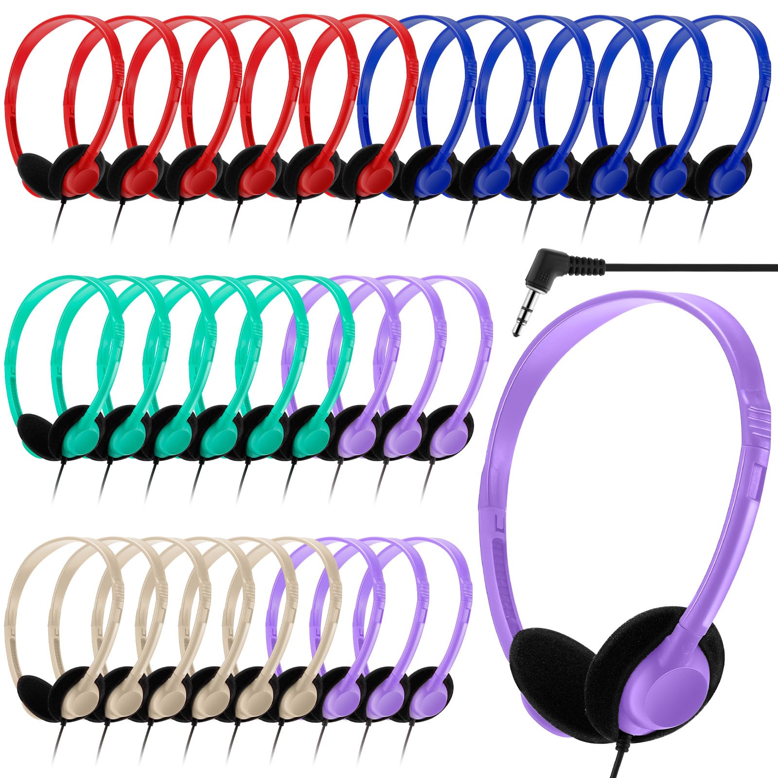 Yunsailing 30 Pack Bulk Headphones Set Over Ear Headphones with Adjustable Headband 3.5mm Plug Headsets Earphones for Learning Program, Computer Lab,