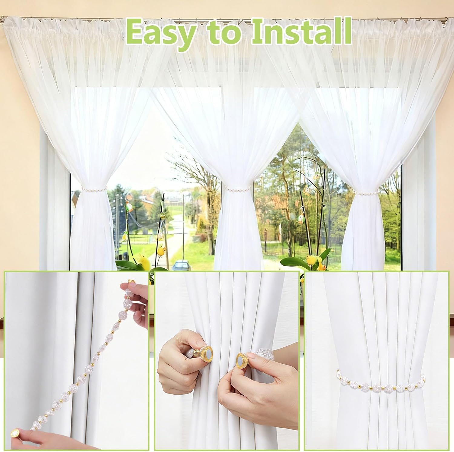 Magnetic Curtain Tieback, 4Pcs Elegant Drapery Holdback with Rose Decor Decorative Curtain Ties for Home Office (White)