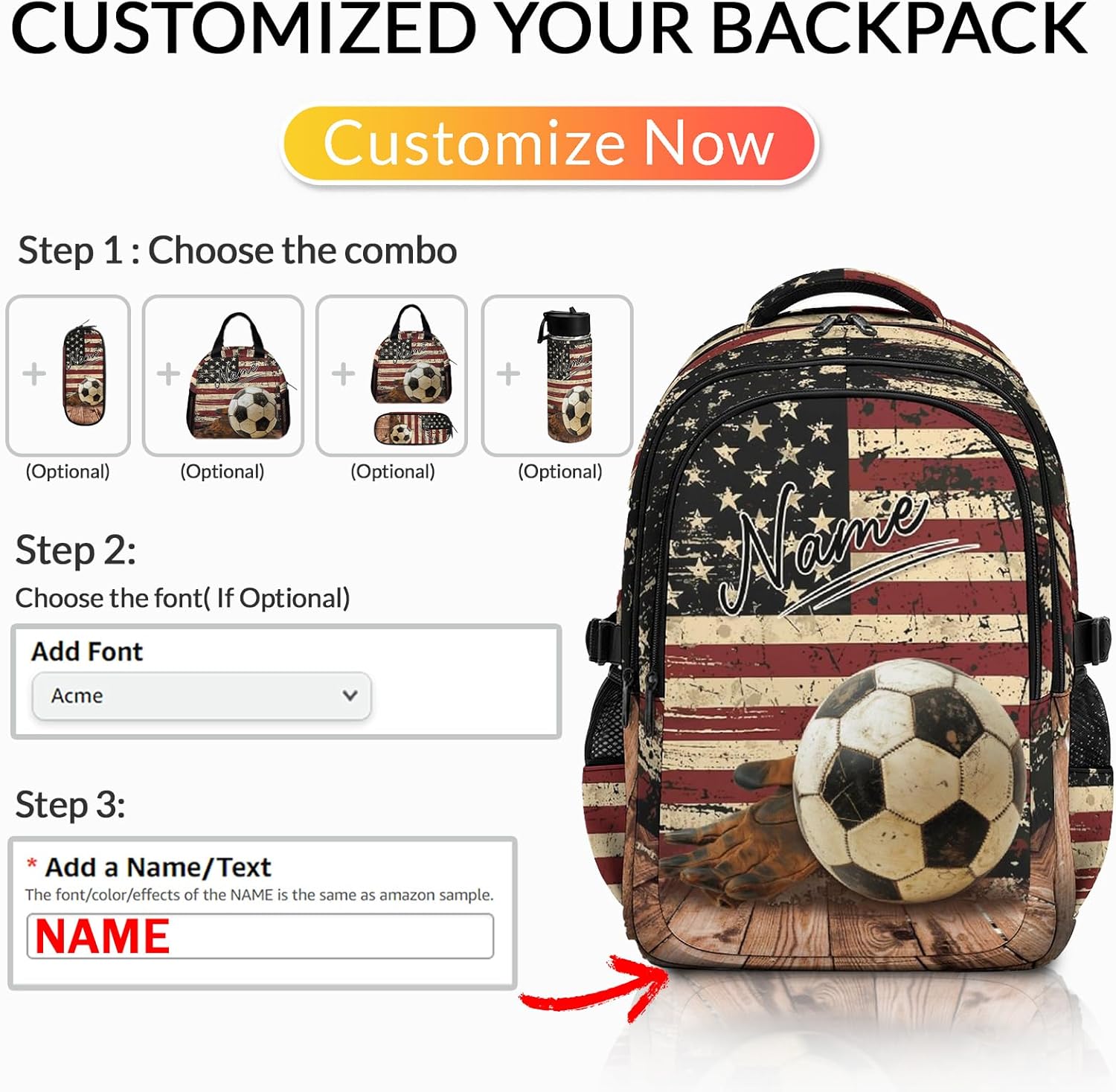 Personalized Boys Backpack Soccer Backpacks for Kids Teens Soccer Fans, Large Capacity Custom Retro Flag Print Bookbag for Back to School