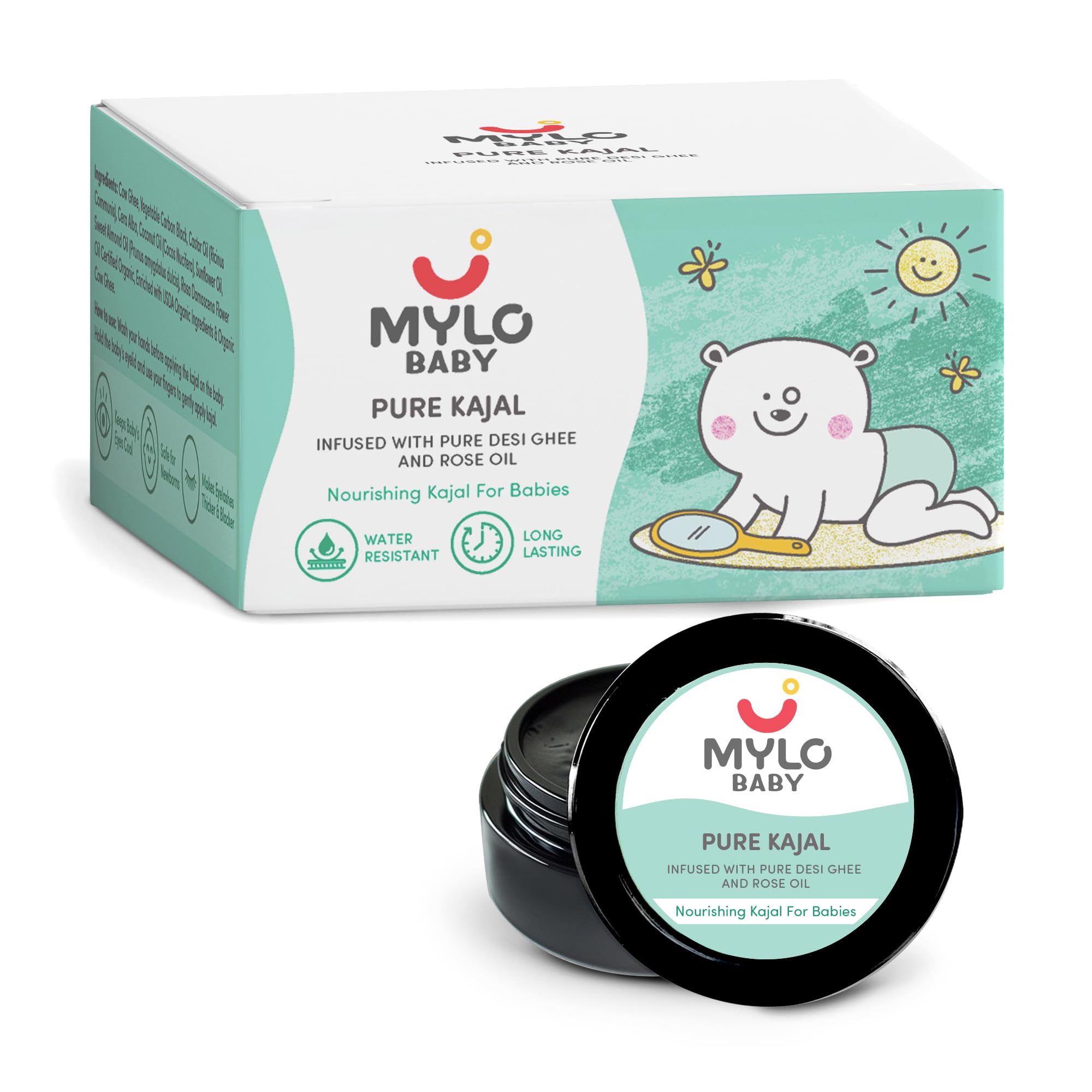 Mylo Baby Pure Kajal 5gm | Dermatologically Tested | 100% Natural with Pure Desi Ghee | SmudgeProof | Long Lasting | Water-Resistant | Soothes Dry Eyes