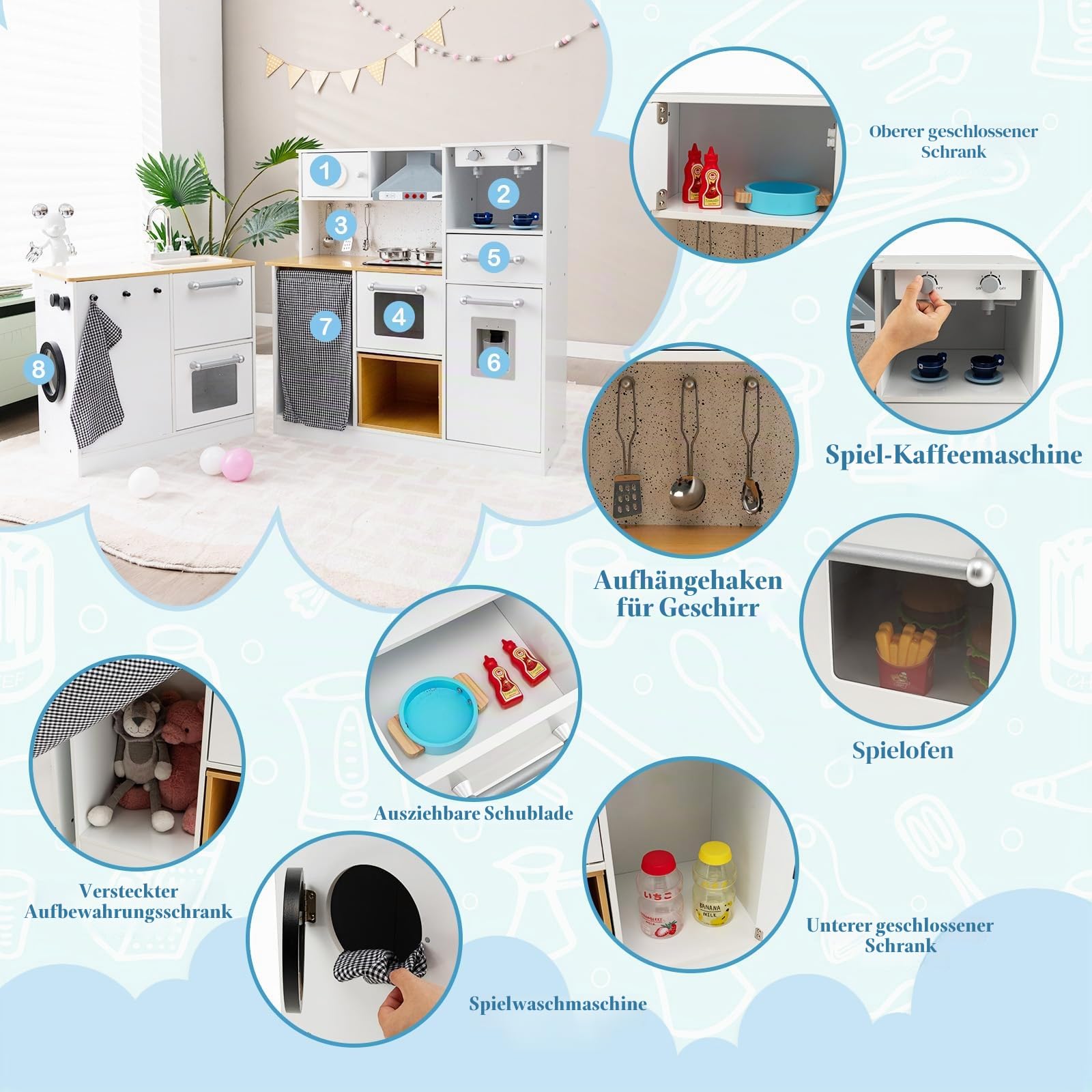 HOMASIS Kinderküche mit Licht & Sound, Spielküche Holz, Spielzeugküche inkl. Hocker & Küchenzubehör, Eckküche Puppenküche Spielset Kinderspiel Küchespielzeug-Set für Kinder ab 3 Jahren