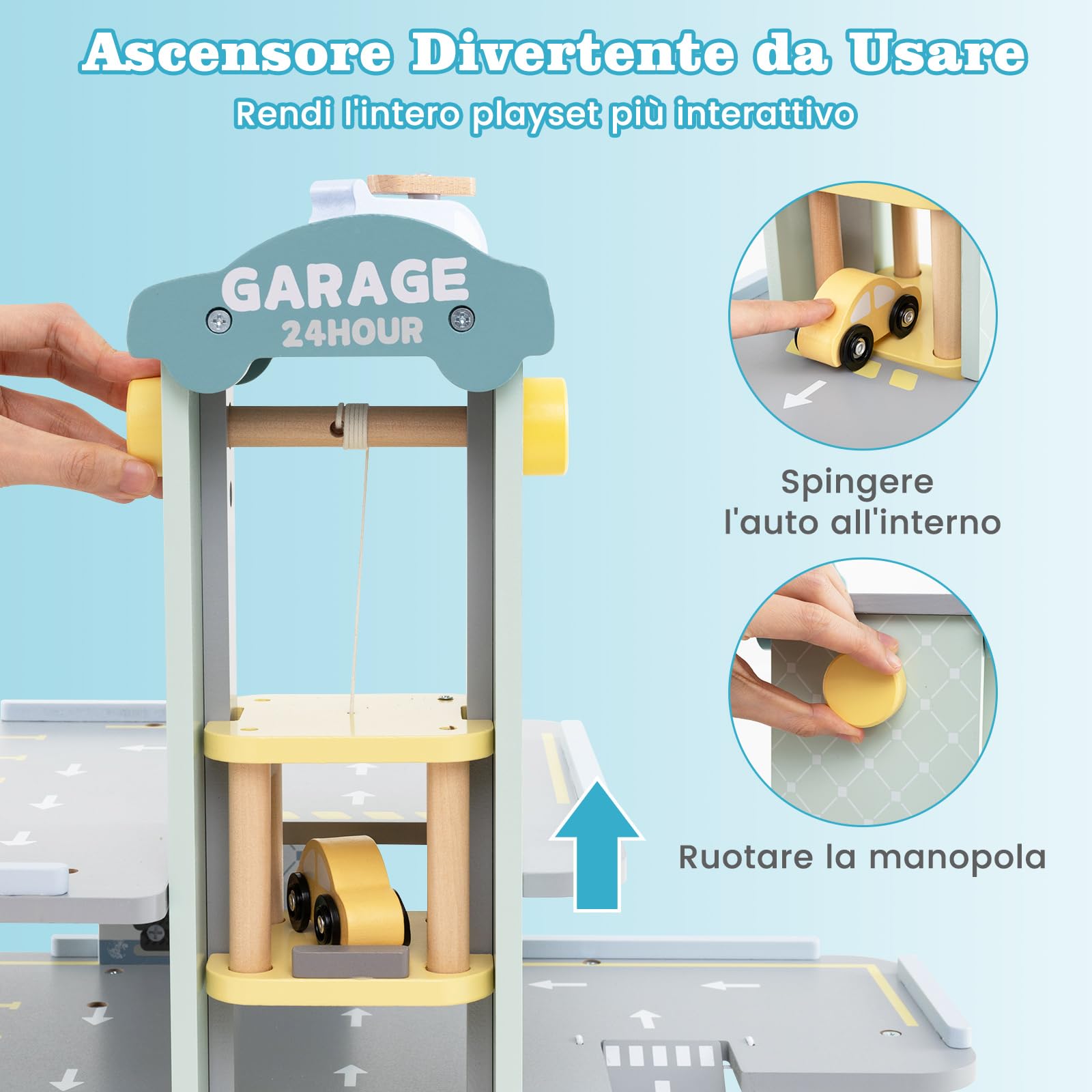 COSTWAY Set di Gioco Garage per Parcheggio, Garage di Giocattolo in Legno a 3 Strati con 4 Auto, Stazione di Servizio, Ascensore, Barra di Sollevamento, per Bambini di 3+ Anni