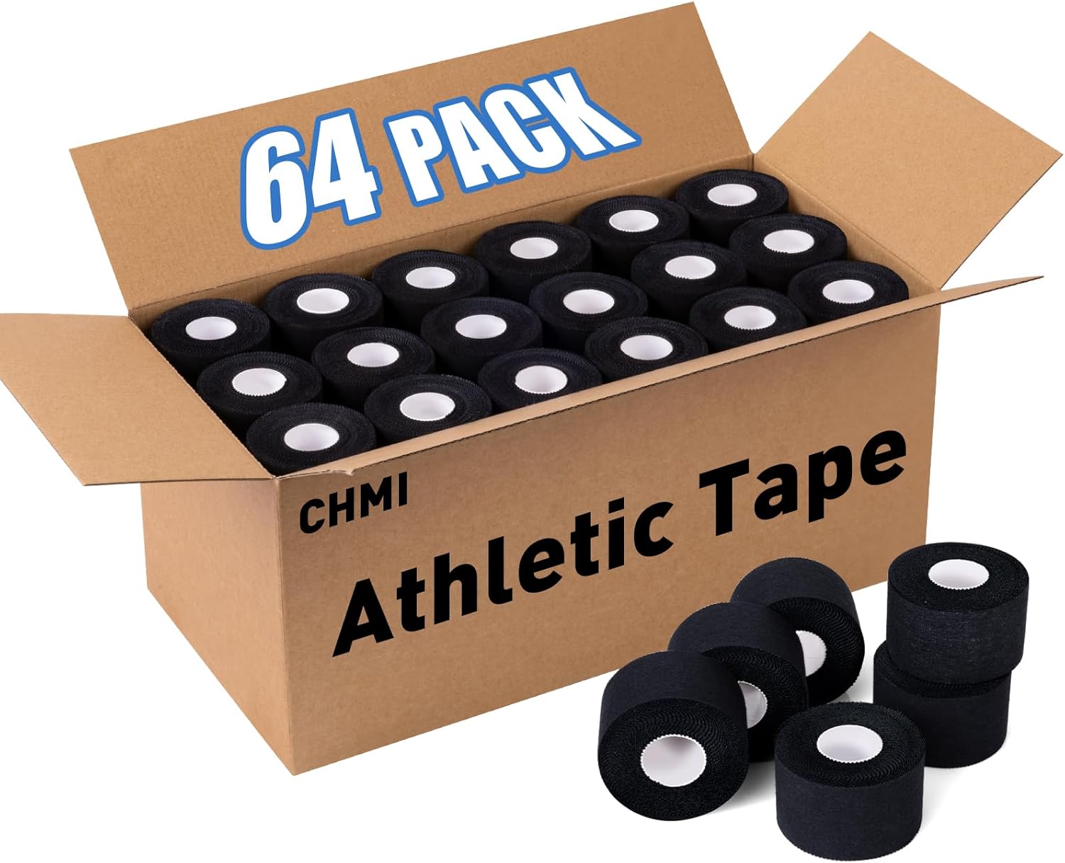 CHMI Athletic Tape,Black Sports Tape (64 Pack), 640 Yards Rolls Very Strong Easy Tear NO Sticky Residue Best Tape for Gymnastics Climbing Bat Injuries Medical (1.5 Inch X 640 Yards).