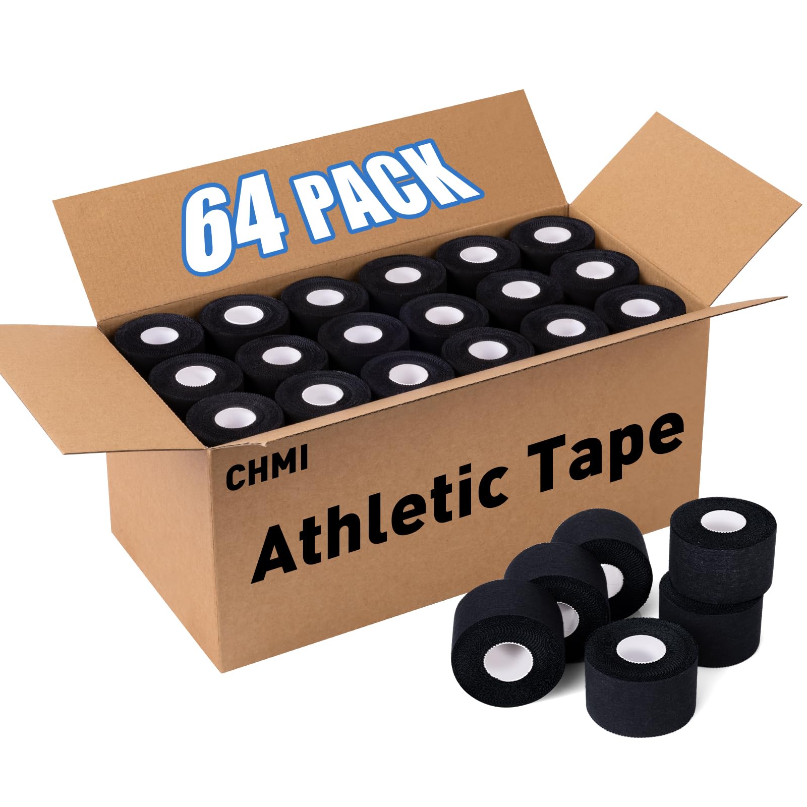 CHMI Athletic Tape Black Sports Tape 64 Pack 640 Yards Rolls Very Strong Easy Tear NO Sticky Residue
