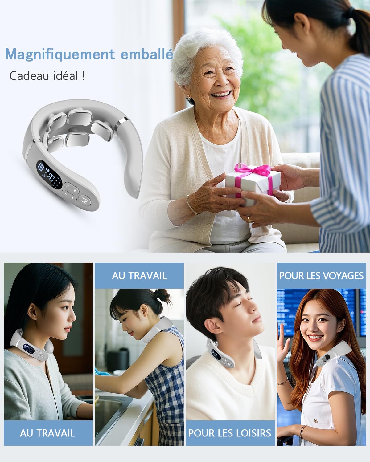 Masseur Cervical, Masseur électrique Portable à 6 têtes avec Thérapie Thermique à 42°C, 12 Modes 22 Niveaux, Fonction Vocale Intelligente, écran LCD, Convient à la Maison et au Bureau