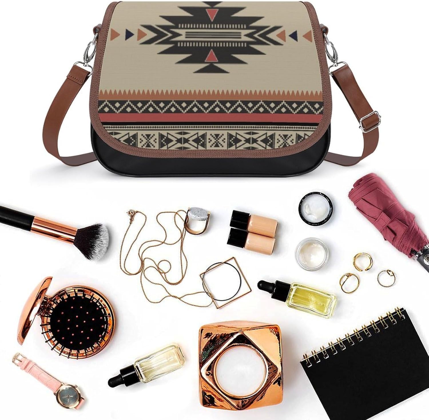 Native Tribal Woven Pattern in Browns, Black, RustWomen's Faux Leather Crossbody Bag, Waterproof Wrinkle-Resistant Shoulder Bag with Detachable Strap, Large Capacity Casual Handbag, Fashion Daily Purs