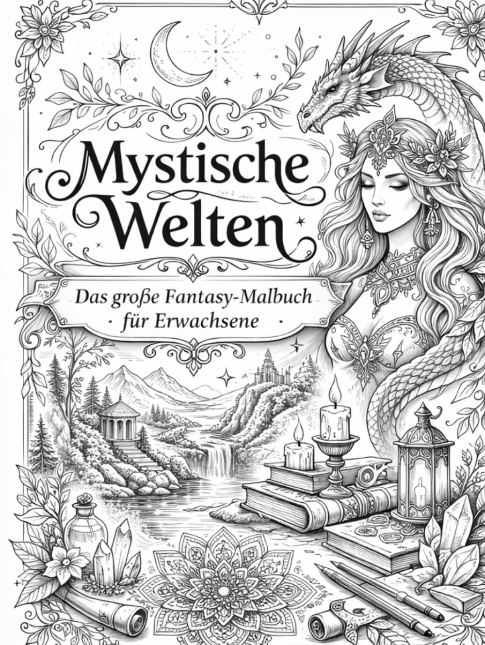 Mystische Welten – Das große Malbuch für Erwachsene: Über 50 detailreiche Ausmalmotive mit Mandalas, Drachen, magischen Landschaften, ... Line Art zur Entspannung und Stressreduktion