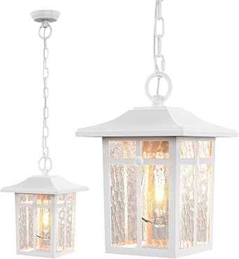 Aluminium Outdoor Hanging Lights, 10.7" Outdoor Chandelier Exterior Pendant Lighting with Ripple Glass, White Outside Pendant Light, Waterproof Hanging Porch Light for Gazebo Patio Yard