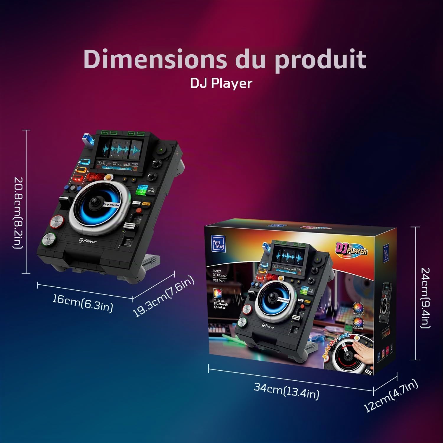 PANTASY Contrôleur DJ - Platine disque DJ - Kit de construction avec lecture de musique Bluetooth - Double modes d'éclairage - Support réglable - Modèle de décoration de bureau interactif pour enfants